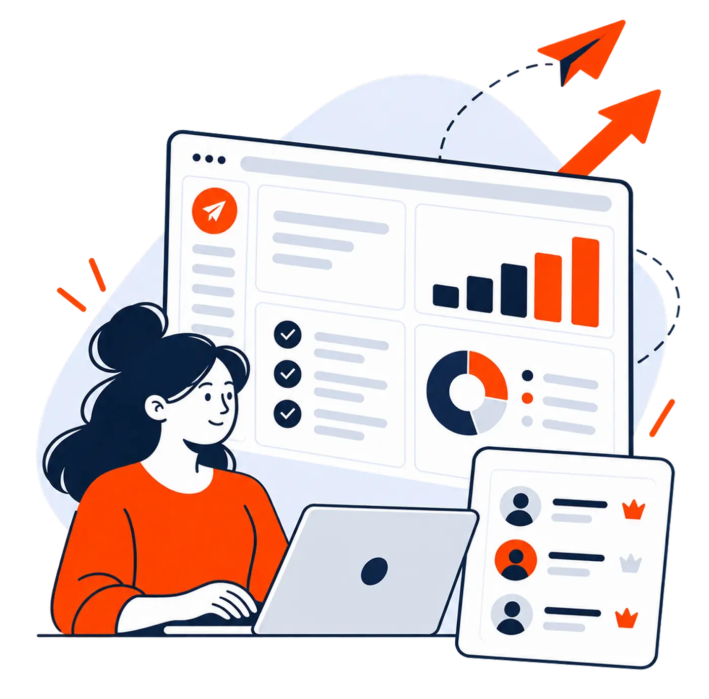 Profissional usando um notebook diante de um painel de campanhas com gráficos e ranking de participantes